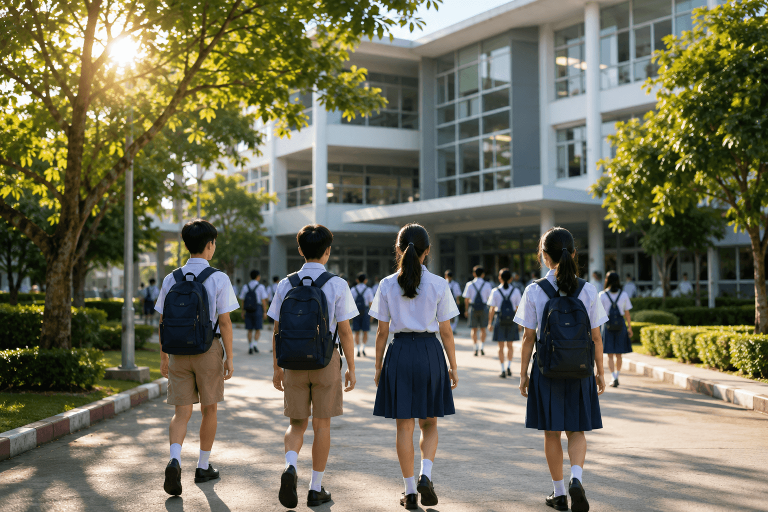 นักเรียนเดินเข้าสู่อาคารเรียนในบริเวณโรงเรียน